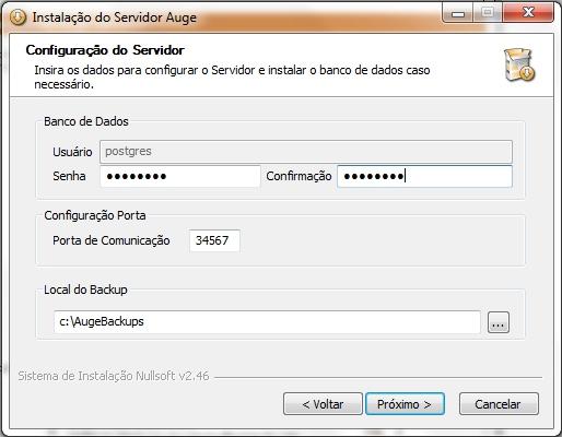 AUGE Instalação do Auge Servidor: Nesta etapa, é necessário informar o usuário e senha do banco de dados, o usuário normalmente