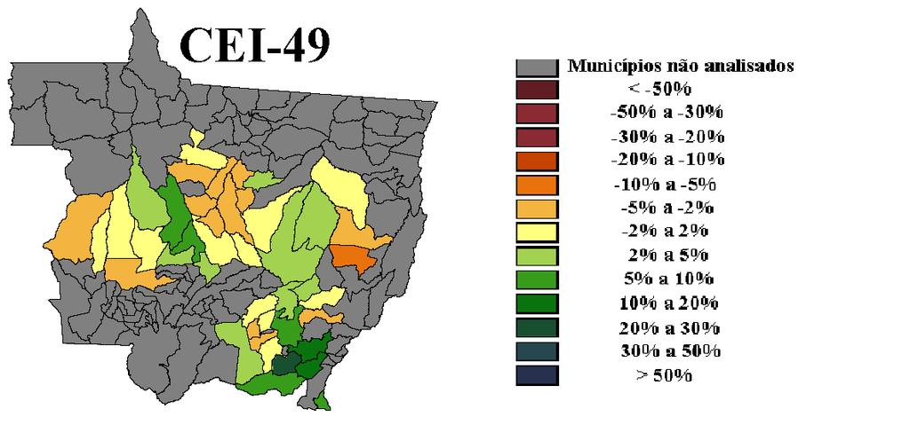 Os mapas de resultados demonstraram que um mesmo município apresenta diferentes valores de área para cada estimativa prévia, sendo que os resultados obtidos entre os mapas CEI-49 e CEI indicaram que