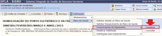 4. CADASTRAR COMPROVANTE DE PAGAMENTO (A partir da segunda comprovação) A partir do segundo envio o servidor cadastrará, em um único arquivo, a comprovação de pagamento, por meio do menu SIGRH > MENU