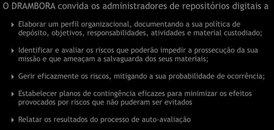 O DRAMBORA convida os administradores de repositórios digitais a Elaborar um perfil organizacional, documentando a sua política de depósito, objetivos, responsabilidades, atividades e material