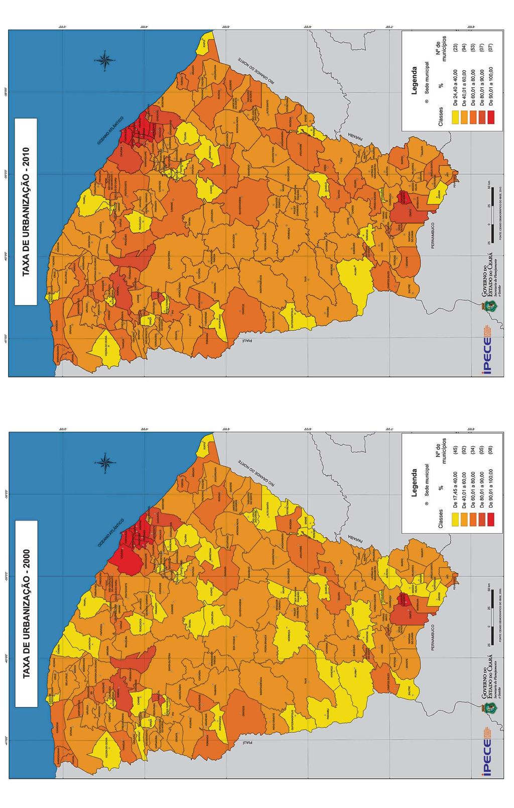 Mapa 3: Taxa de urbanização segundo os municípios do Ceará - 2000