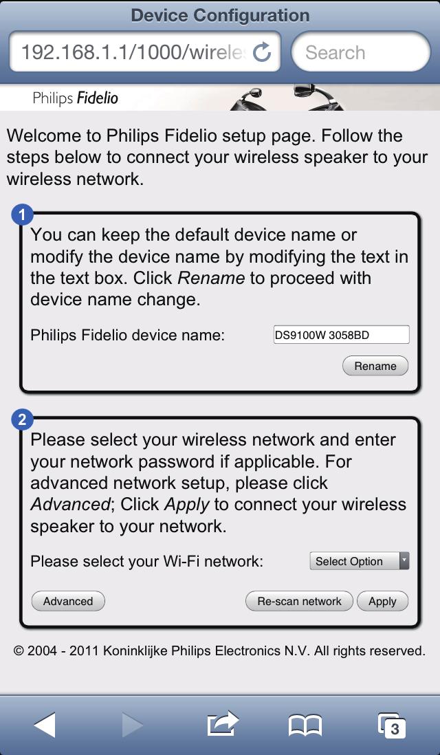 Abrir a página Web integrada do DS9100W 1 Inicie o navegador Apple Safari ou qualquer outro navegador de Internet no seu dispositivo com Wi-Fi. 2 Escreva 192.168.1.1 na barra de endereços do navegador e confirme.