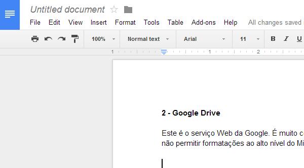 Este é o serviço Web da Google. É muito completo em termos de funcionalidades apesar de não permitir formatações ao alto nível do Microsoft Word.