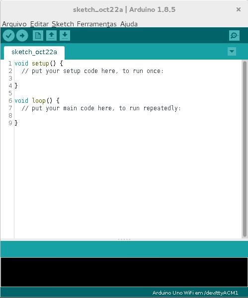 Quando a IDE é aberta a seguinte tela é exibida: Seleção da placa Arduino e Porta de Comunicação: o primeiro procedimento que deve ser efetuado