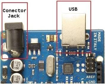 Alimentação: pode ser feita tanto via USB quanto por fonte externa (conector Jack); Portas de Alimentação: servem para alimentar componentes e circuitos eletrônicos externos, como leds, sensores e