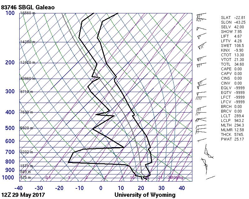 Figura 8 - Sondagem referente ao dia 29/05/2017 12Z. Fonte: University of Wyoming (http://weather.uwyo.edu/upperair/sounding.html).