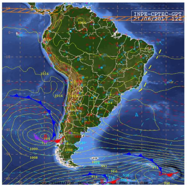 As áreas destacadas em vermelho são regiões com possível formação de orvalho e em azul, de geada.