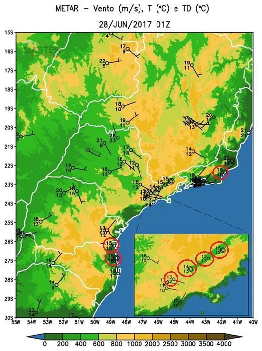 Na Figura 3Figura 1, esquerda, pode-se observar os dados do METAR para a região sudeste do Brasil no dia 28/06/2017 as 01Z (23:00 do dia anterior no horário local).