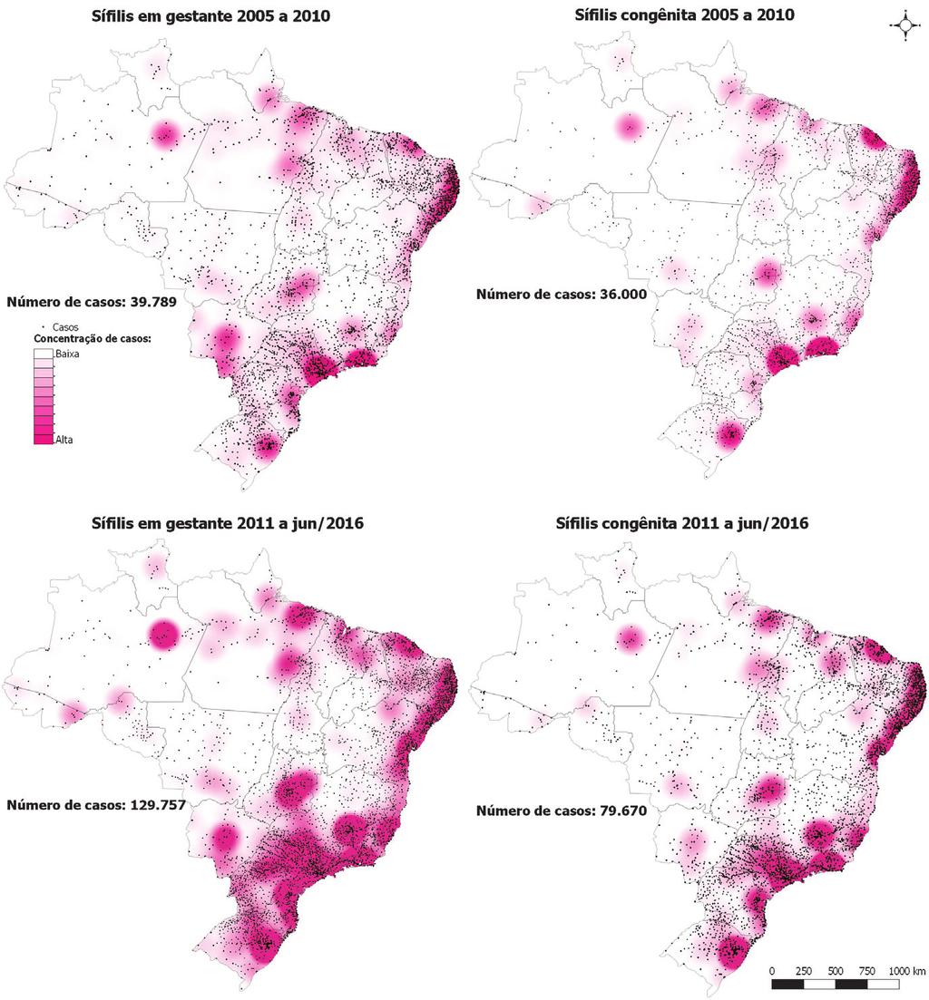 Boletim Epidemiológico Figura 3 Distribuição e concentração dos casos de sífilis em gestante e sífilis congênita no Brasil, segundo município de residência, Brasil, 2005-2010 e 2011-2016 Em 2015,