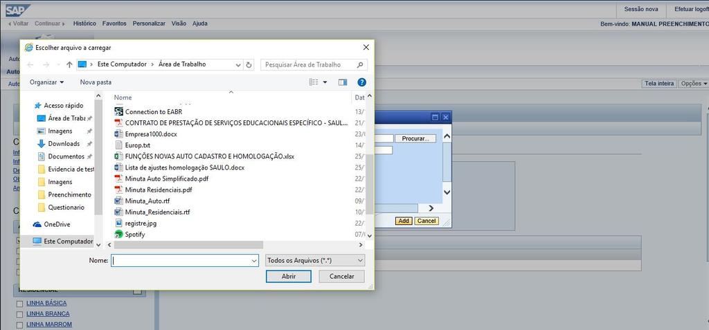 Nesse momento o sistema abrirá a tela de seleção de documentos do computador do prestador;