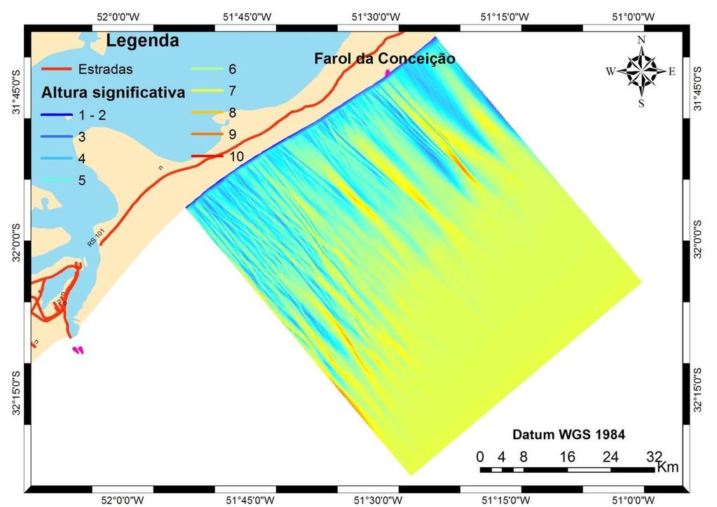 Resultados e Discussão Figura 70- Distribuição das alturas de onda no evento 02 (21/07/1996). O resultado da simulação do evento 02 (Hs inicial é 6.2m) é mostrado na Figura 70.