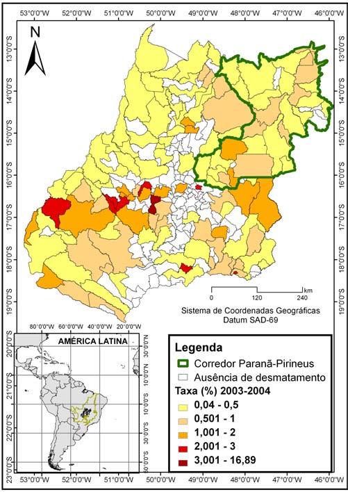 Figura 1 - Distribuição das taxas de desmatamento para o período 2003 a 2004, conforme municípios do Estado de Goiás e o Distrito Federal.