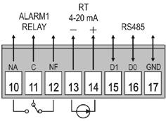 fonte auxiliar de tensão de 24 Vcc e comunicação serial as conexões são: Figura 04 - Conexões de alarme, fonte auxiliar e comunicação Uma aplicação típica da fonte de tensão auxiliar é a alimentação