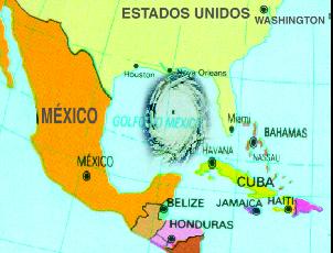 GEOGRAFIA QUESTÃO 01 No mapa abaixo, está representado o Furacão Katrina na área do Golfo do México, no final do mês de agosto de 2005. (Adaptado de Geoatlas. São Paulo: Ática, 1991.