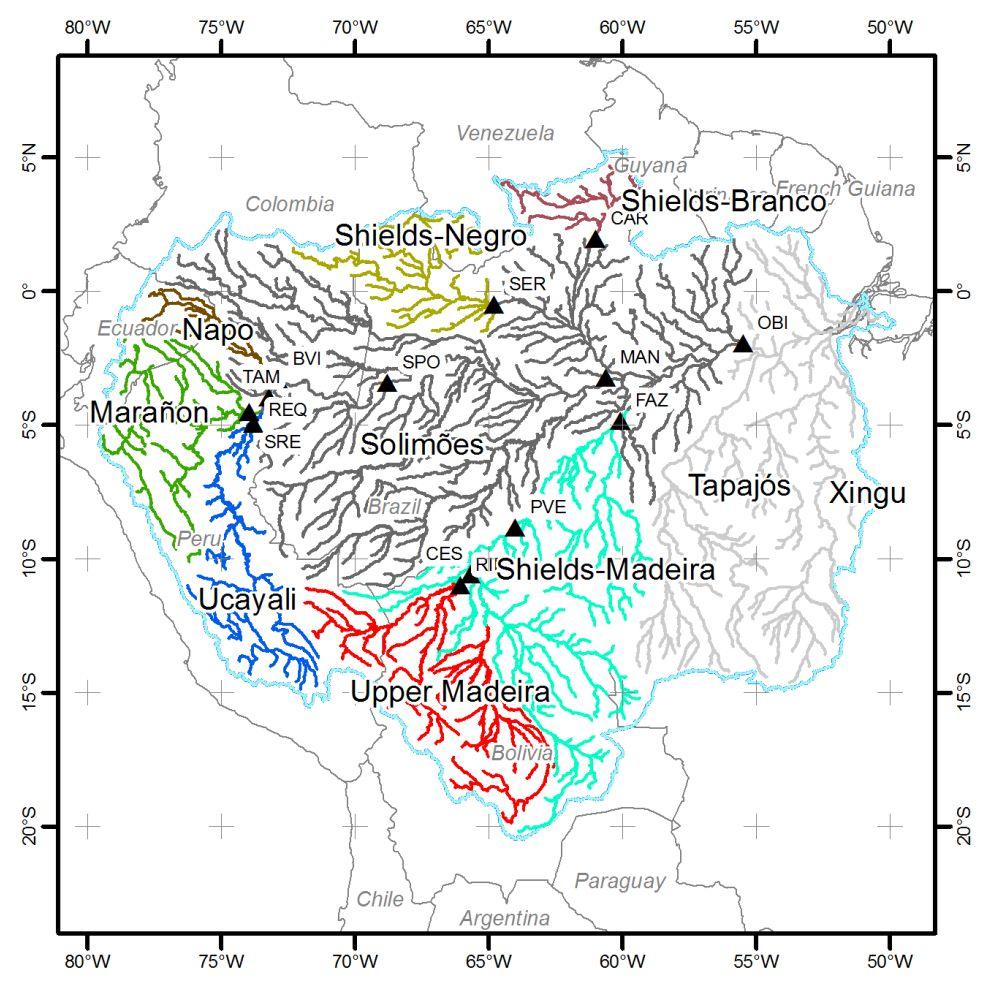 Figure 4. The Amazon River basin: sub-basins of main tributaries and.