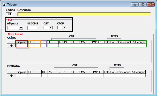 Abaixo a legenda da imagen para facilitar o entendimento. Legenda: Preto: Informações da aliquota da ECF entre outras informações para o cu Vermelho: Empresa que será aplicada a regra.