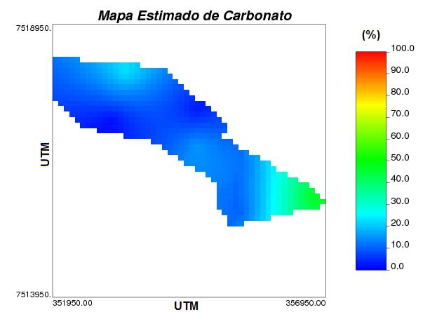 Fig. 22: Mapa de estimativas de carbonatopor krigagem normal. Espessura No caso da elaboração do mapa estimado de espessura (Fig.