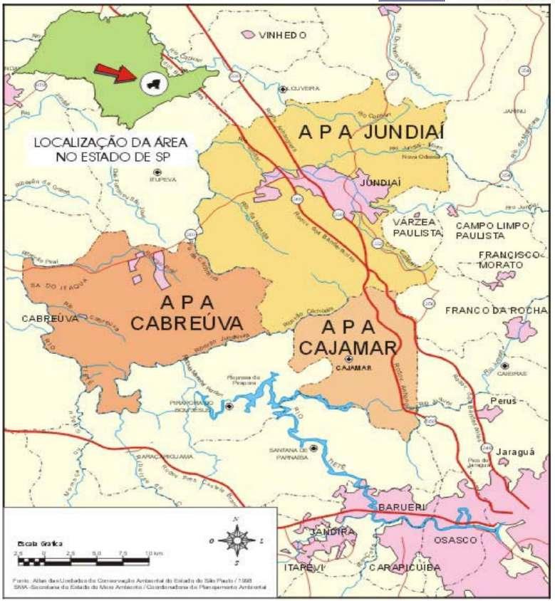 Localização da APA Jundiaí pertencente as bacias dos