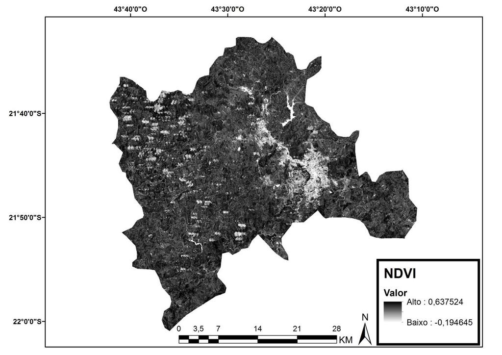 FIGURA 5: Imagem Landsat 8 utilizada no estudo do mês de Janeiro de 2014. Os valores de NDVI apresentados nessa imagem, ilustram a varição do índice devido as diferentes superfícies analisadas.