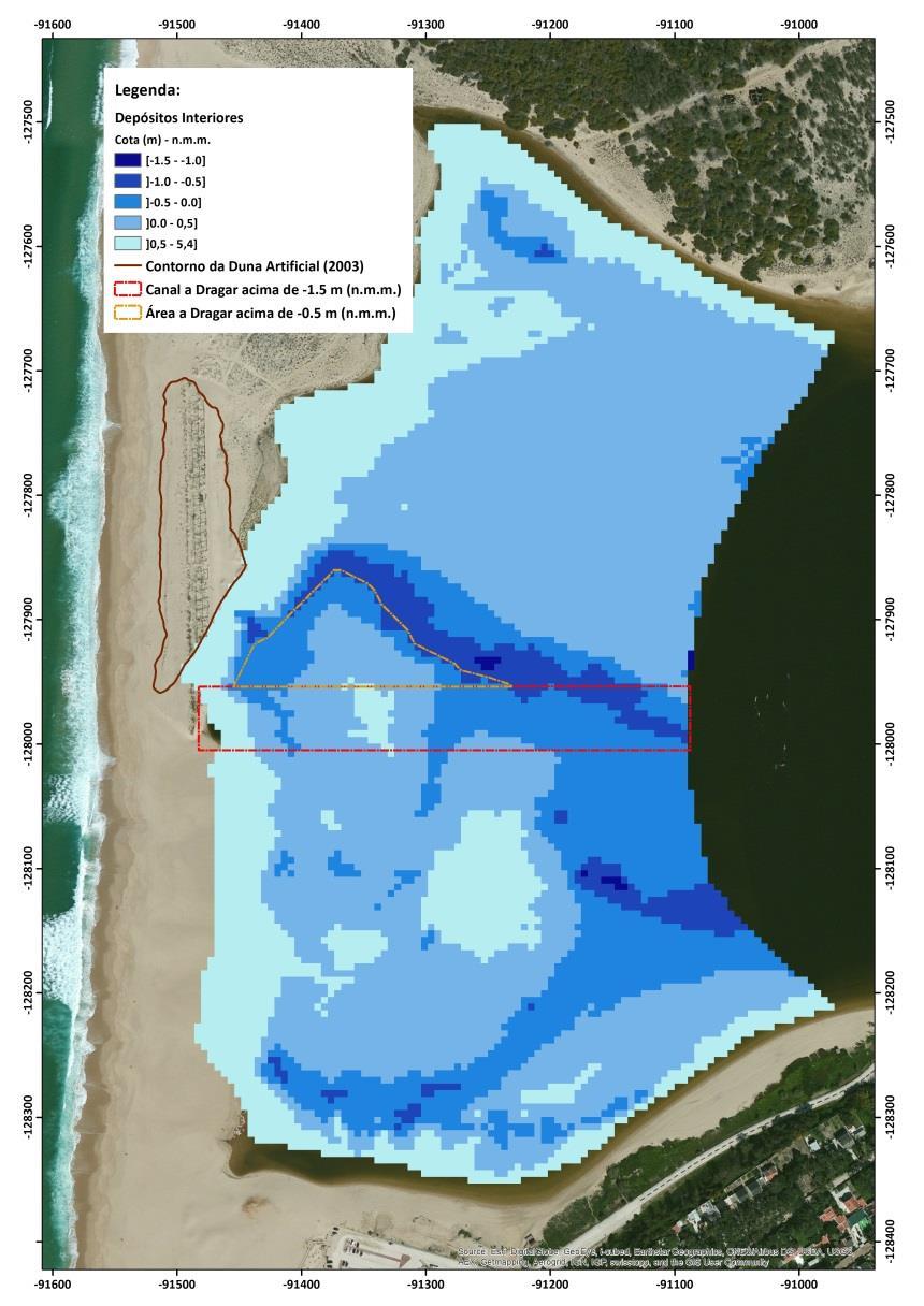 Figura 1. Áreas a dragar nos depósitos interiores da Lagoa Grande e no canal de comunicação entre a Lagoa Grande e a Lagoa Pequena.