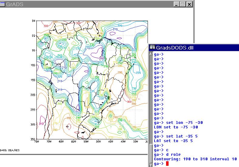 11 Exemplo 3: mapa de radiação de onda longa redimensionado para a região do Brasil ga> c ga> set mpdset hires brmap ga> q dims ga> set lat 35 5 ga> set lon 75-30 ga> d role Exercício proposto 3: