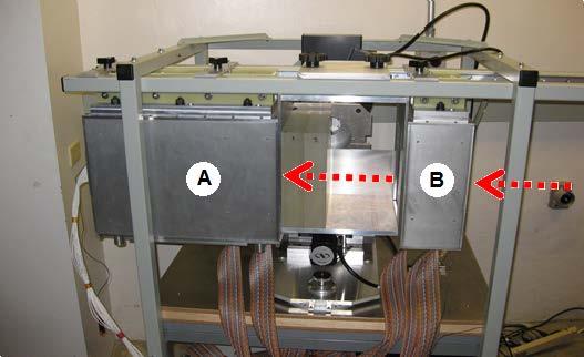 O posicionamento e dimensões do sistema SSD e calorímetro pode ser visto em Anexo B. A flecha em vermelho na foto indica a direção do feixe.