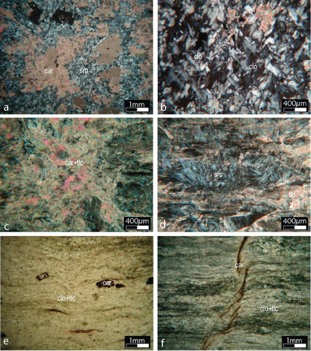 13 Figura 3 Fotomicrografias das rochas ultramáficas metamorfisadas estudadas: a e b) Serpentinito, apresentando textura decussada, estágio inicial no desenvolvimento dos corpos ultramáficos
