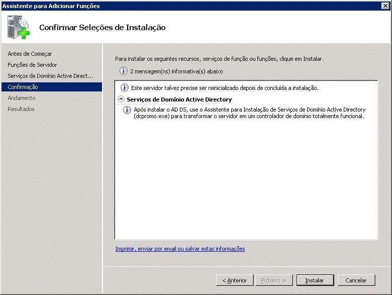 instalação do serviço e mensagens sobre a possível necessidade de reiniciar o computador e lembrete para