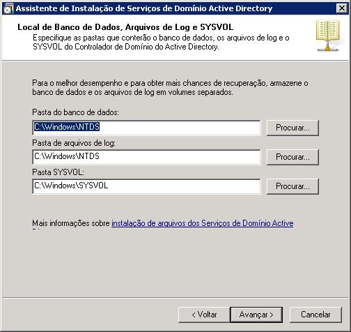 C:\Windows\NTDS e C:\Windows\SYSVOL (Figura 17). Após selecionado o local da instalação clique em Avançar. Nota: O Windows Server Backup faz o backup do serviço de diretório por volume.