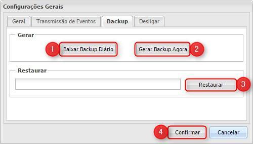 Backup: Figura 18: Aba Backup 1 Baixar Backup diário: Baixa o backup diário dos dados do sistema; 2 Gerar Backup Agora: Efetua backup dos dados atuais e faz