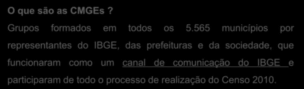 Avanços no levantamento CMGEs sobre aglomerados subnormais O que são as CMGEs? Grupos formados em todos os 5.