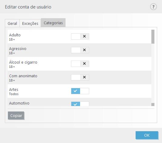 Mostrar relatórios Essa opção mostra um relatório detalhado da atividade de Controle dos pais (páginas bloqueadas, a conta, por que a página foi bloqueada, categoria, etc.).