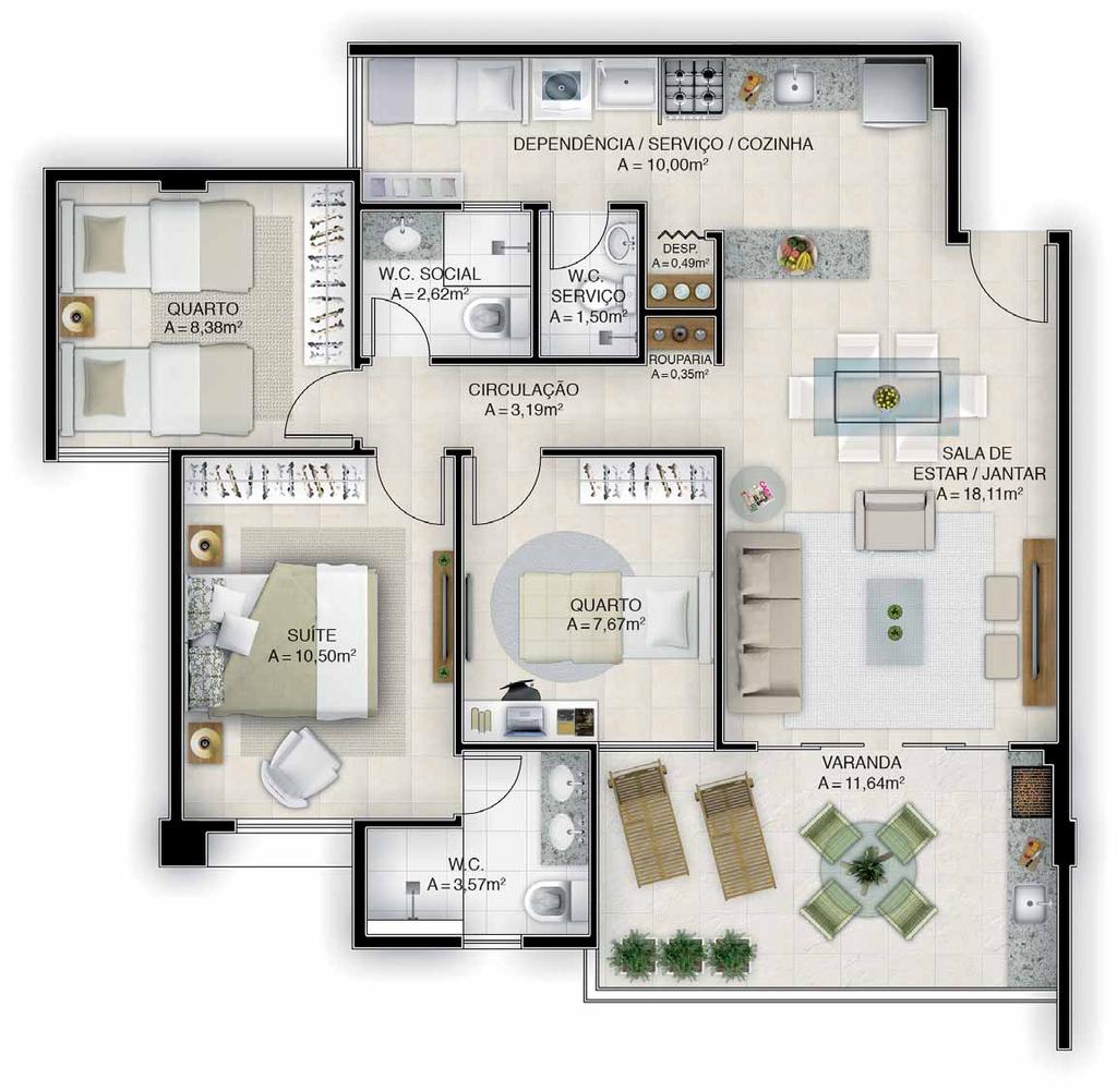 Elevador do subsolo até o pavimento superior da cobertura Apartamento tipo 70,27m 2 de área privativa Coluna 06 e 07 do bloco tipo 02 2 quartos, sendo 1 suíte Varanda gourmet Sala de estar jantar