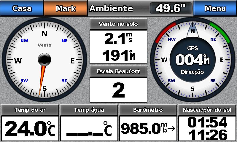 Indicadores ambientais Dados de almanaque, na embarcação e ambientais Ver indicadores ambientais A partir do ecrã inicial, seleccione Informações > Indicadores do painel de instrumentos > Ambiente.