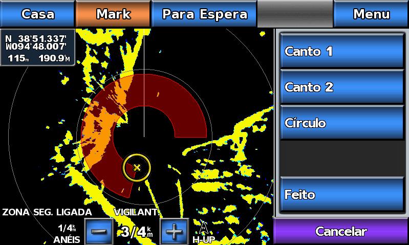 Modo Sentinela O modo Sentinela coloca o radar em modo de transmissão temporizada, no qual pode configurar um ciclo de transmissão e um ciclo de espera para poupar energia.