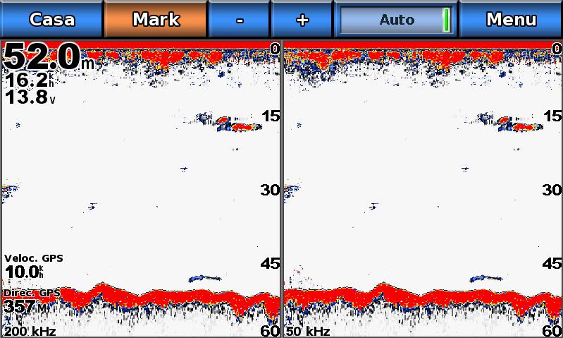 ➊ ➋ ➌ ➍ ➎ ➏ ➐ Vista de zoom dividido da sonda ➊ Profundidade, velocidade da água e tensão da unidade ➋ Escala de profundidade ampliada ➌ Velocidade e rumo do GPS ➍ Janela de zoom ➎ Intervalo ➏ Janela