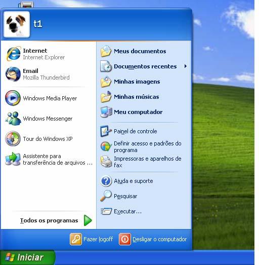 Figura 3. Menu Padrão do Windows XP do ambiente de trabalho do usuário T1, criado após instalação padrão.