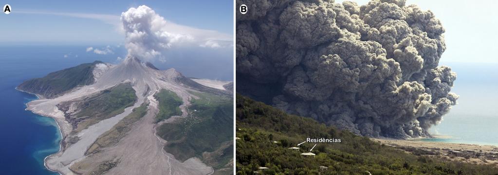 34 Figura 9: Vulcão Montserrat, no Caribe. A - imagem aérea do cone vulcânico expelindo gases e cinzas. B - grande fluxo piroclástico com coluna de cinzas entrando no oceâno. (extraído de www.