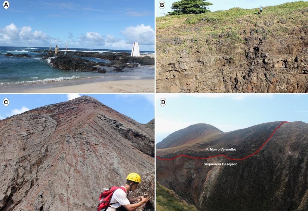 62 Figura 29: Trilha para o Pico do Desejado A= derrames de nefelinito aflorantes na praia da Calheta, B= sequência de derrames em voçoroca próxima à praia da Calheta, C= porção do cone vulcânico da