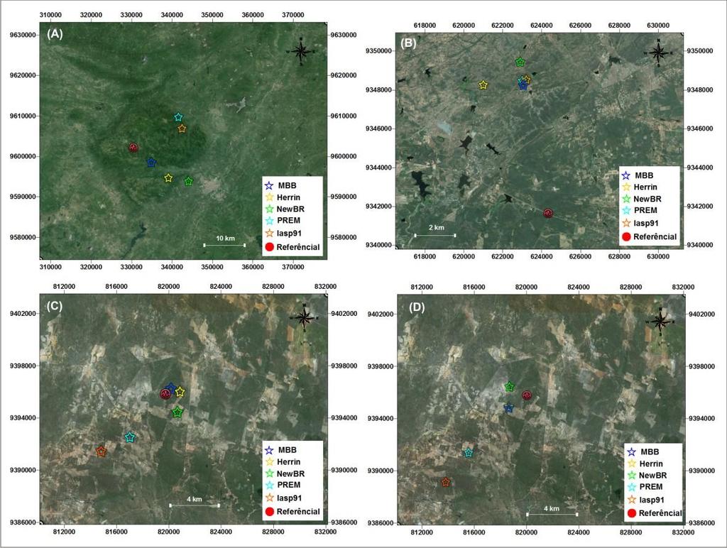 Tabela 2. Comparação entre os epicentros determinados utilizando os parâmetros de modelos MBB, New BR, Herrin, PREM e IASP91.