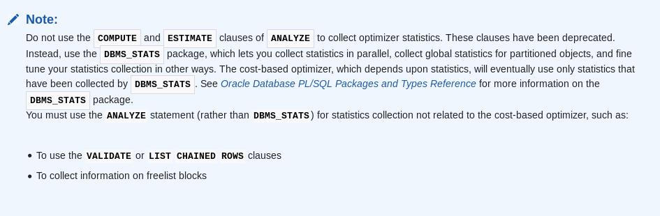 Coleta de Estatísticas - ANALYZE ANALYZE TABLE emp VALIDATE STRUCTURE; ANALYZE TABLE emp VALIDATE STRUCTURE CASCADE; ANALYZE TABLE emp VALIDATE