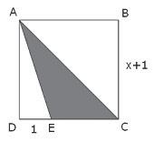 QUESTÃO 9 O ponto E pertence ao lado CD do quadrado ABCD. A distância do ponto D ao ponto E é igual a 1 dm e do ponto B ao ponto C é ( x + 1) dm.