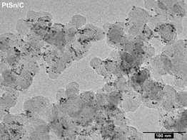 45 As imagens TEM revelam que as nanopartículas estão uniformemente distribuídas sobre o carbono suporte para os catalisadores Pt/C e PtSn/C, enquanto que observa-se a presença de aglomerados de