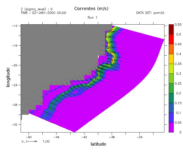 ESPAÇO PARA A FIGURA 2 Figura 2. Grade curvilínia ao longo da costa brasileira. Na figura 3 é mostrado um campo de correntes calculado com o modelo POM para a região de interesse.