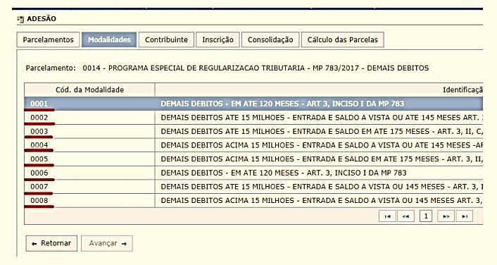 8) Escolha da MODALIDADE de adesão (Ver página 03) o o o As modalidades 0002, 0003 e 0007