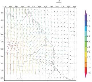 Campos simulados de vento nos níveis sigma 10 (campos da coluna esquerda) e 17 (campos da coluna direita) entre (A) 0000UTC de