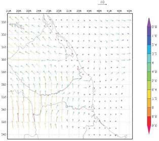 Espaçamento horizontal da grade de 12 Km e a unidades em ms -1 senta valores acima de 1200 m.