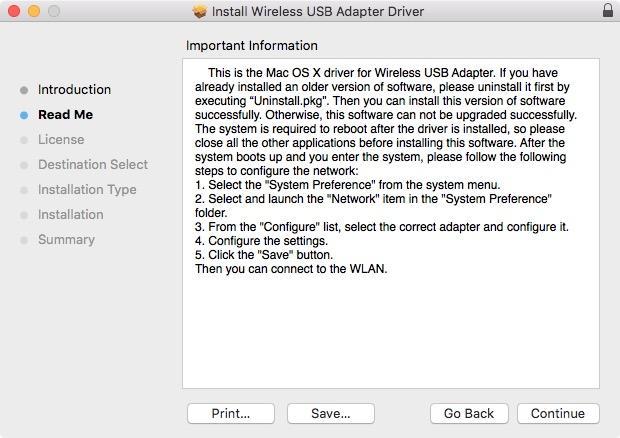 IV. Mac OS IV-1. Instalação do controlador 1. Abra a pasta RTLWLANU_MacOS.. (ou semelhante) e faça duplo clique no ficheiro Installer.pkg para abrir o assistente de instalação do controlador. 2.
