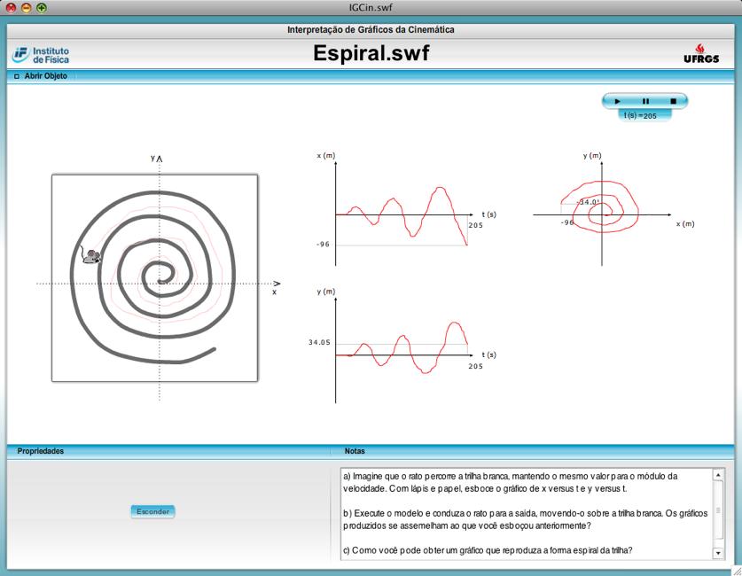 Figura 2 Tela ilustrativa da simulação Espiral.swf. No centro da trilha em forma de espiral, há a figura de um rato e ao fundo o sistema de referência adotado.
