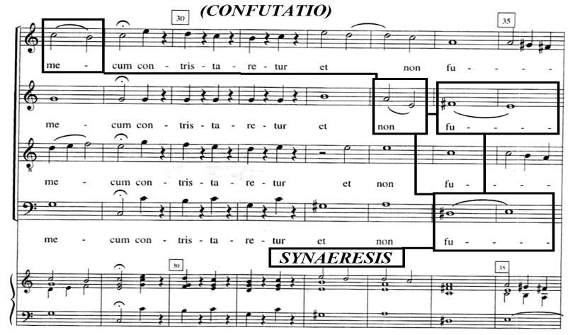 compadecesse), compassos 29 a 35 na Confutatio, onde as objeções e refutações são clarificadas, ou seja, há uma oposição das ideias musicais até então expostas.